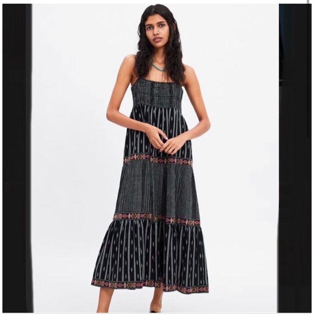 Zara Black Embroidered Beaded Boho Maxi Dress - Medium